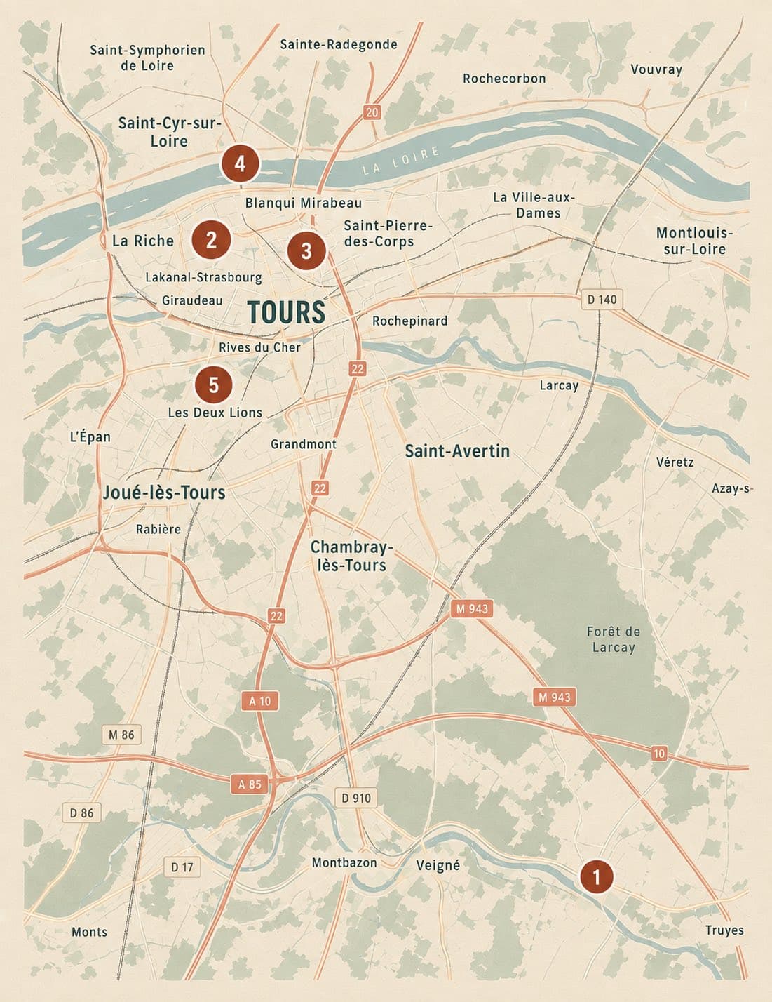 Plan de Tours et de son agglomération, avec les emplacements du camion numérotés de 1 à 5.